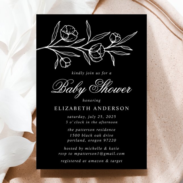 Invitación Baby Shower Floral Dibujado en Blanco y Negro (Subido por el creador)