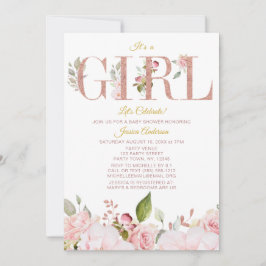 Invitación Baby Shower floral dorado rosado y Rosa
