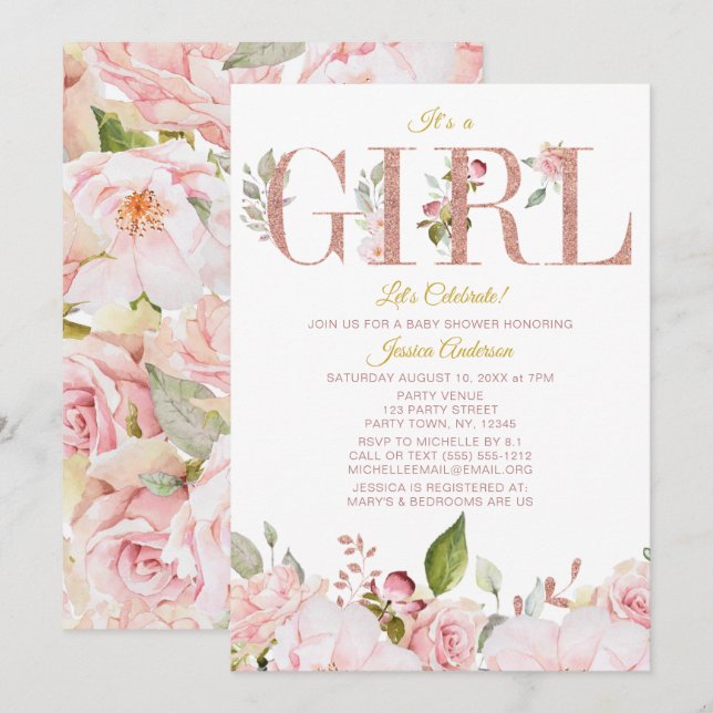 Invitación Baby Shower floral dorado rosado y Rosa (Anverso / Reverso)