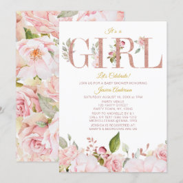 Invitación Baby Shower floral dorado rosado y Rosa