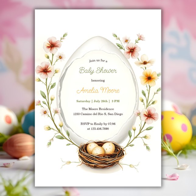 Invitación Baby Shower Floral Egg Easter (Personalized Baby Shower Invitation Floral Easter Egg Theme)