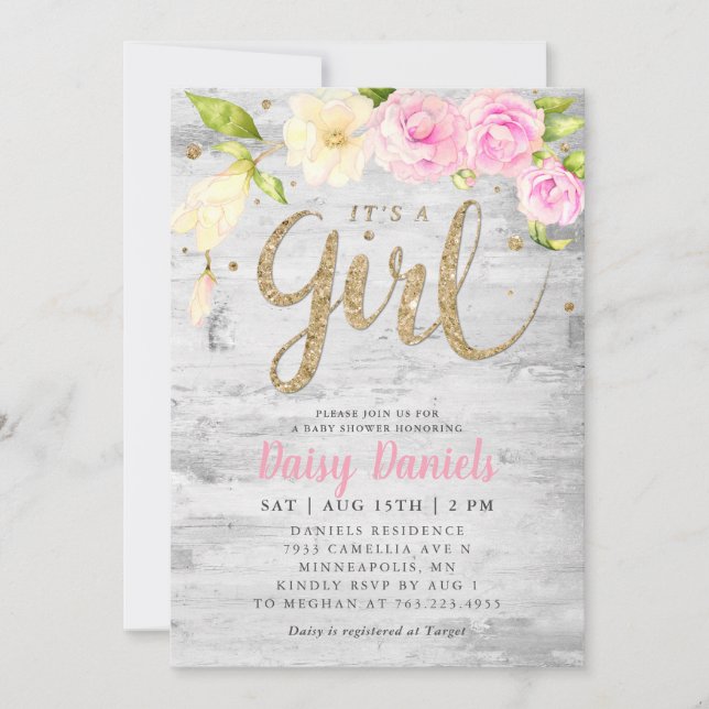 Invitación Baby Shower floral | Es un Chica (Anverso)