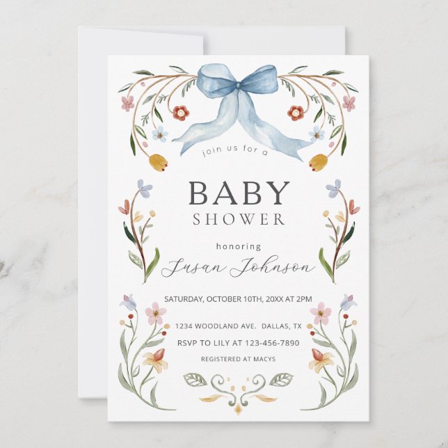 Invitación Baby Shower Floral Frame Blue Bow (Anverso)