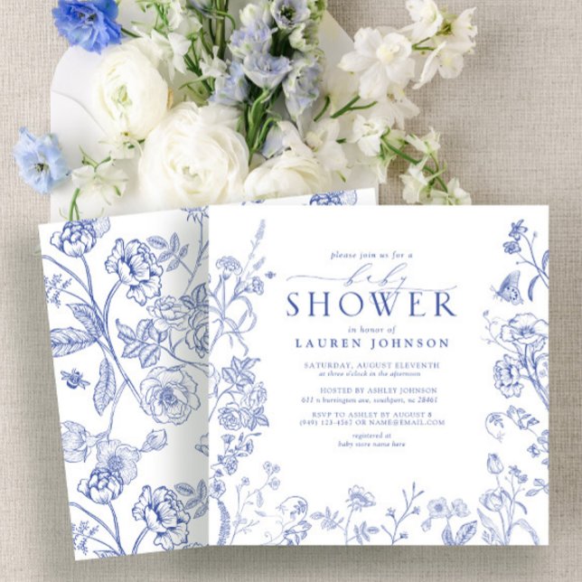 Invitación Baby Shower floral francés azul y blanco victorian (Subido por el creador)