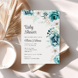 Invitación Baby Shower floral fuera de blanco y Verde azulado