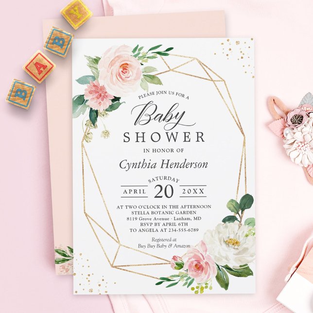 Invitación Baby Shower floral Gold Confetti Geométrico Rubor (Subido por el creador)