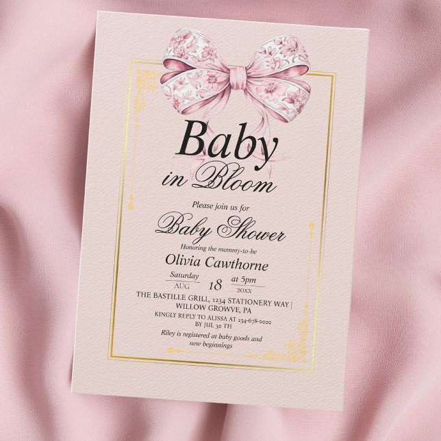 Invitación Baby Shower floral Gold Pink Bow Watercolor (Subido por el creador)