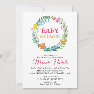 Invitación Baby Shower Floral Greenery Wreath Butterfly Bee