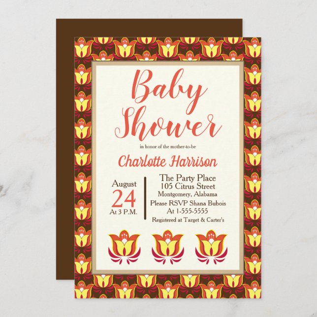 Invitación Baby Shower floral Groovy Retro 70 (Anverso / Reverso)