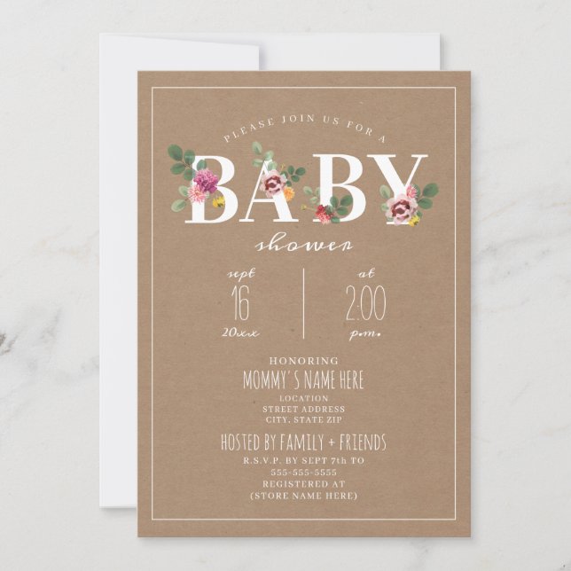 Invitación Baby Shower Floral Inspirado en Cardstock (Anverso)
