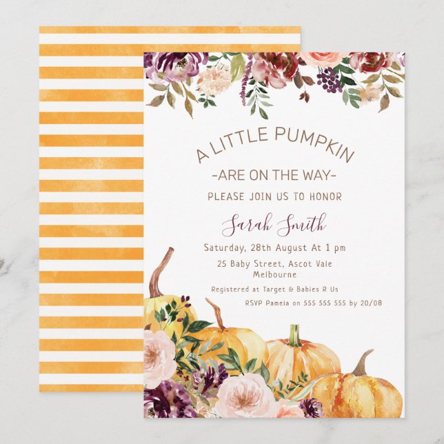Invitación Baby Shower Floral Little Pumpkins (Anverso / Reverso)