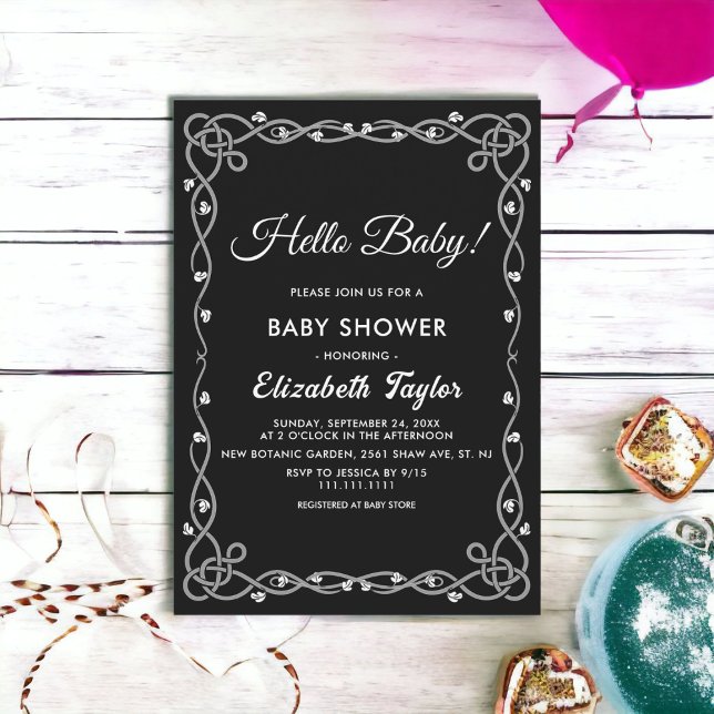 Invitación Baby Shower floral moderado mínimo en blanco y neg (Subido por el creador)