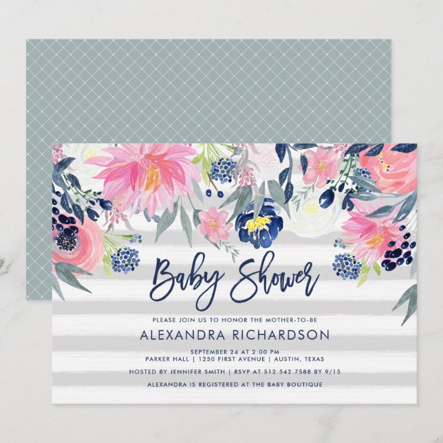 Invitación Baby Shower floral moderno de Rubor y marina (Anverso / Reverso)