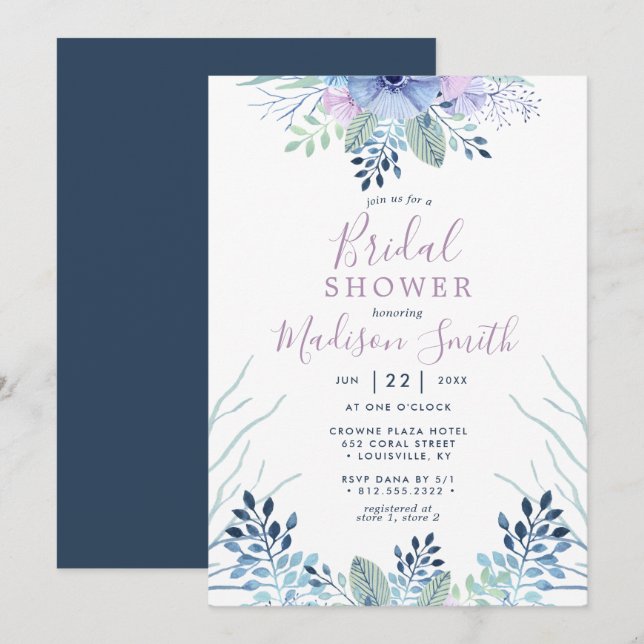 Invitación Baby Shower Floral Naval Acuarela Rústica (Anverso / Reverso)