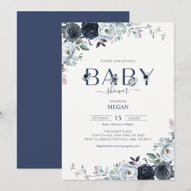 Invitación Baby Shower floral Navy Blue Boho (Anverso / Reverso)