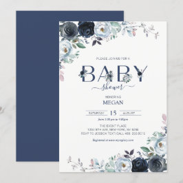 Invitación Baby Shower floral Navy Blue Boho