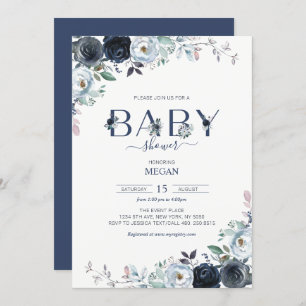 Invitación Baby Shower floral Navy Blue Boho