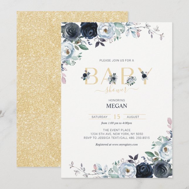 Invitación Baby Shower floral Navy Blue & Gold Boho (Anverso / Reverso)