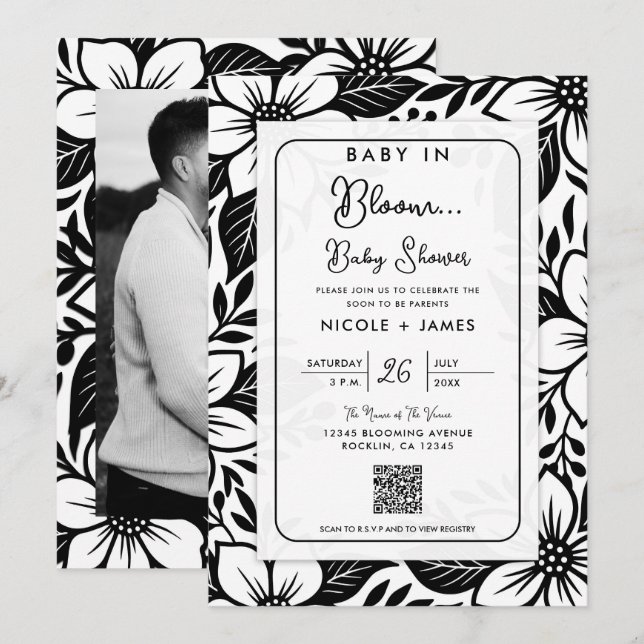 Invitación Baby Shower Floral Negra y Blanca Intensa (Anverso / Reverso)