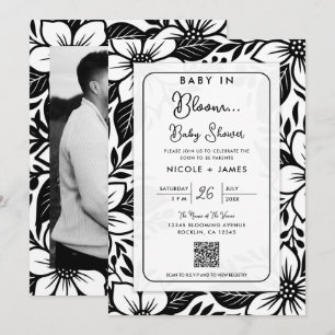 Invitación Baby Shower Floral Negra y Blanca Intensa
