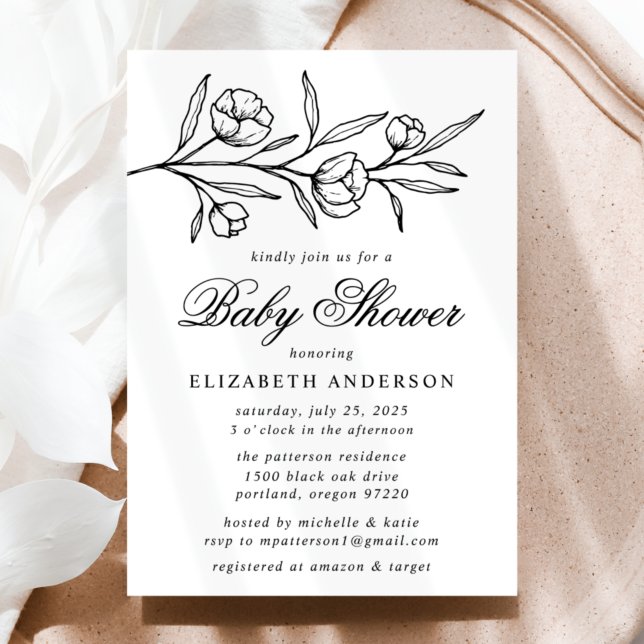 Invitación Baby Shower floral negro esbozado (Subido por el creador)