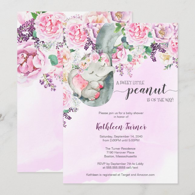 Invitación Baby Shower floral para elefantes pequeños que due (Anverso / Reverso)