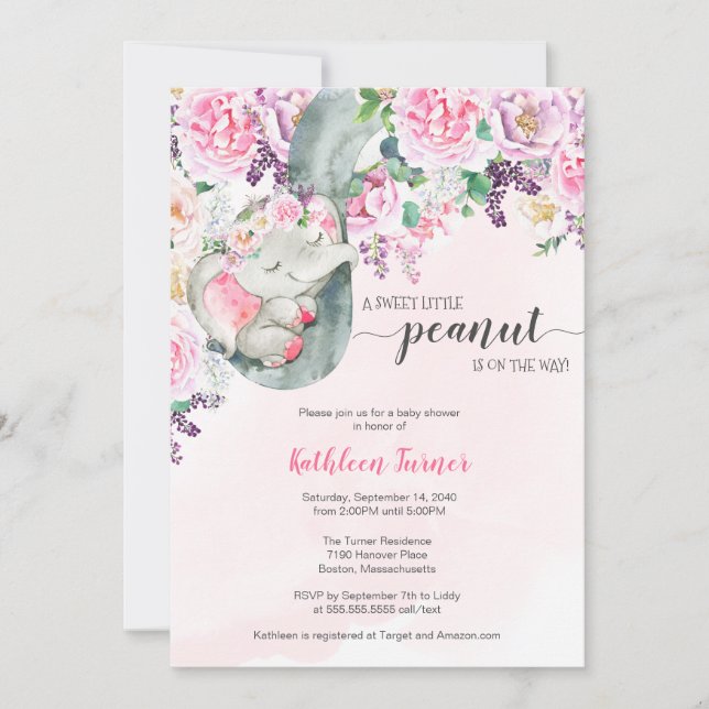 Invitación Baby Shower floral para elefantes pequeños que due (Anverso)