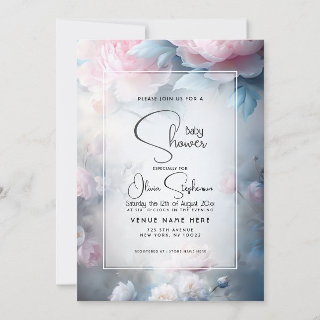 Invitación Baby Shower - Floral peoniana rosada de ensueño (Anverso)