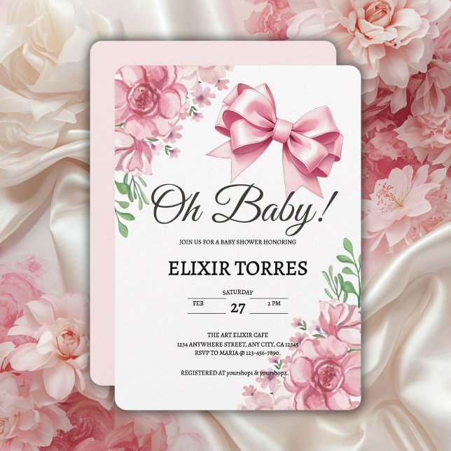 Invitación Baby Shower Floral Pink Bow (Subido por el creador)