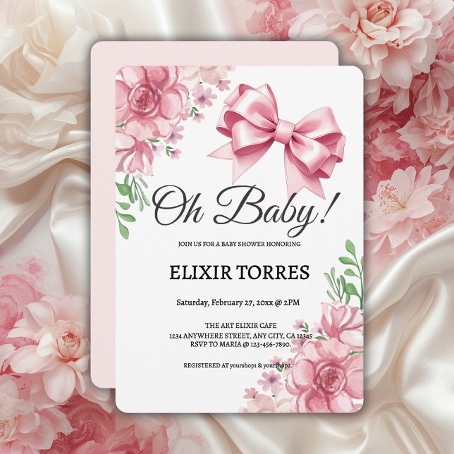 Invitación Baby Shower Floral Pink Bow (Subido por el creador)