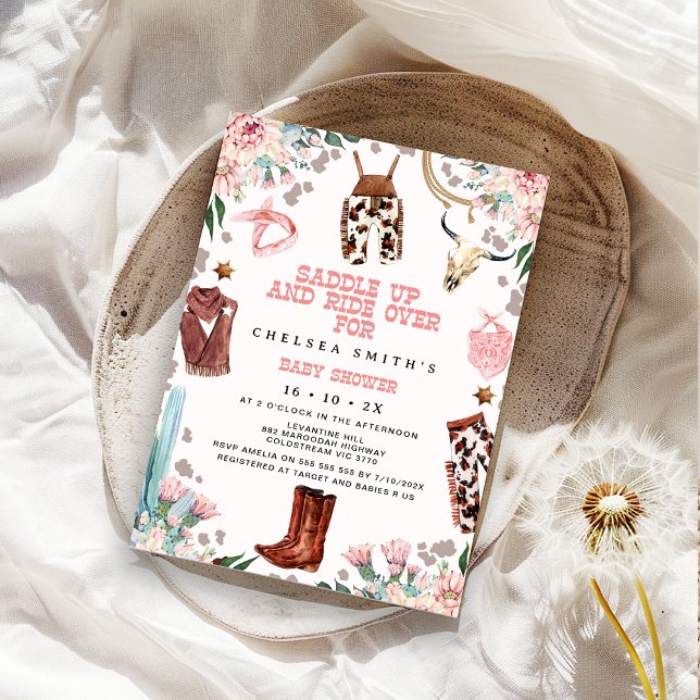 Invitación Baby Shower Floral Pink Western Rodeo (Cowgirl Baby Shower Invitation, Rodeo Baby Shower Invitation Girls, Western Country Baby Shower)