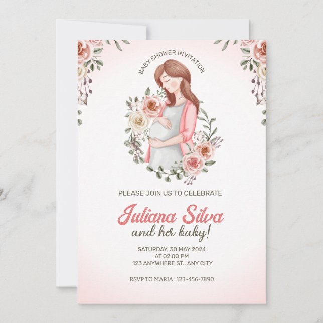 Invitación Baby Shower floral preñada de mujer rosa (Anverso)