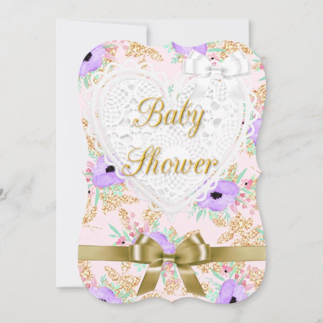 Invitación Baby Shower Floral Purple and Gold (Anverso)