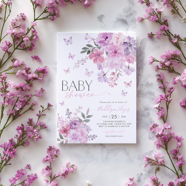 Invitación Baby Shower Floral Purple Butterfly (Baby in Bloom invitation with pink and purple flowers and butterflies. )