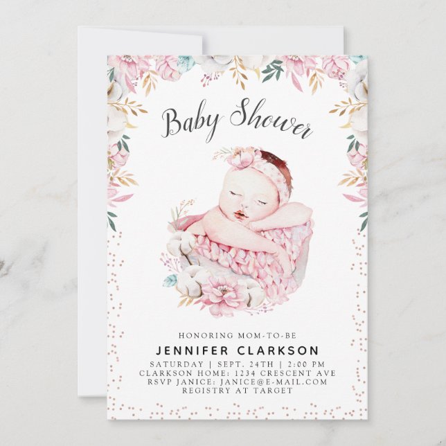 Invitación Baby Shower floral recién nacido (Anverso)