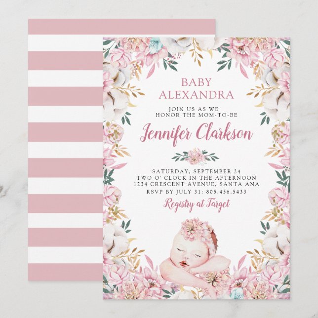 Invitación Baby Shower floral recién nacido (Anverso / Reverso)