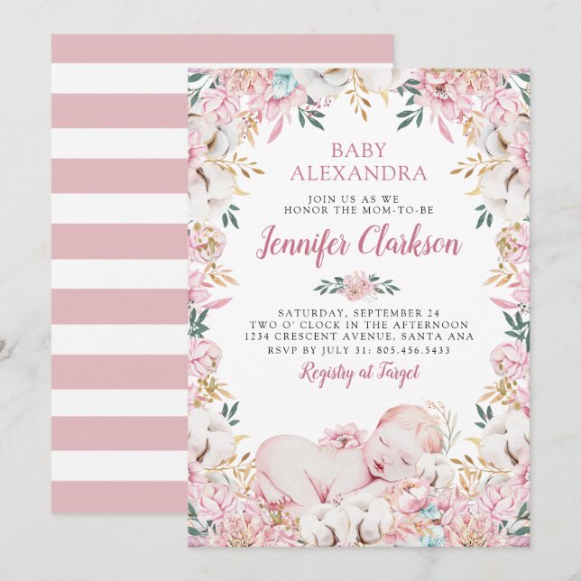 Invitación Baby Shower floral recién nacido (Anverso / Reverso)