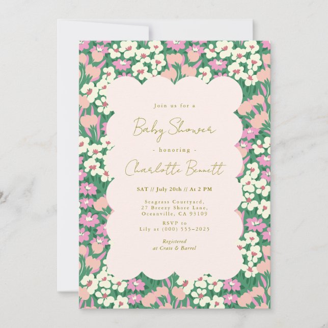 Invitación Baby Shower floral Retro Pink Sage Boho (Anverso)