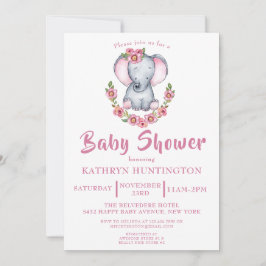 Invitación Baby Shower floral rosa de elefante cutáneo