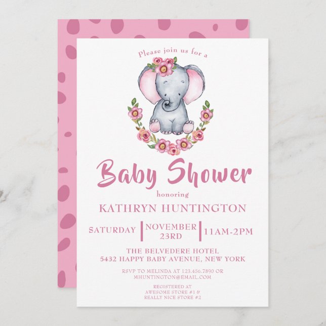 Invitación Baby Shower floral rosa de elefante cutáneo (Anverso / Reverso)