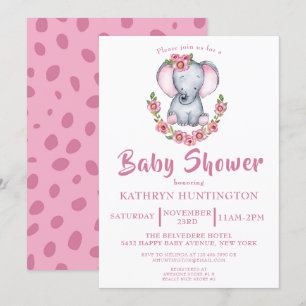 Invitación Baby Shower floral rosa de elefante cutáneo