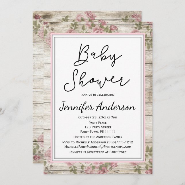 Invitación Baby Shower floral rosa de madera rústica (Anverso / Reverso)