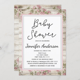 Invitación Baby Shower floral rosa de madera rústica