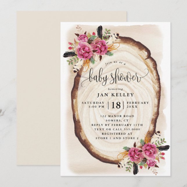 Invitación Baby Shower, Floral rosa de trozo de madera (Anverso / Reverso)