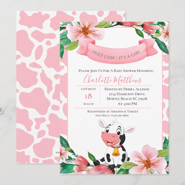 Invitación Baby Shower floral rosa de vaca sagrada (Anverso / Reverso)