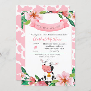 Invitación Baby Shower floral rosa de vaca sagrada