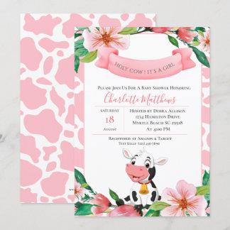 Invitación Baby Shower floral rosa de vaca sagrada