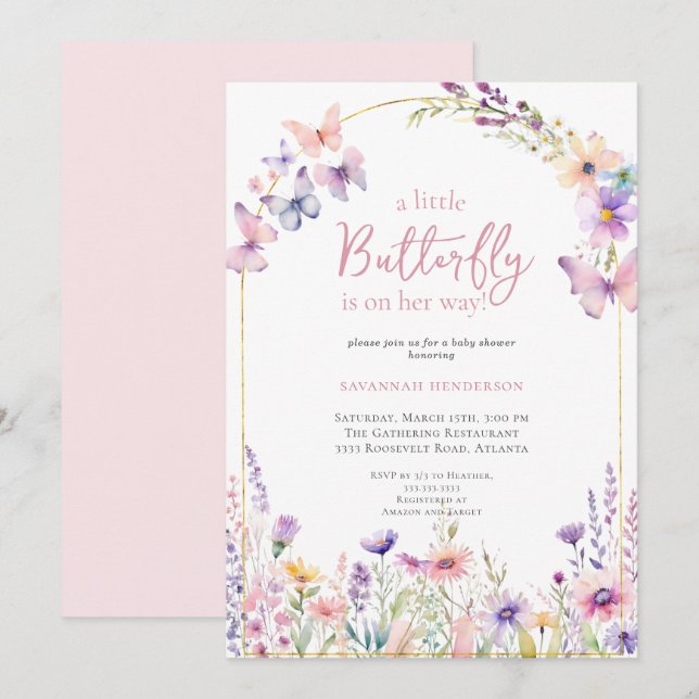 Invitación Baby Shower floral rosa mariposa (Anverso / Reverso)