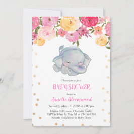 Invitación Baby Shower floral rosa para elefante durmiente