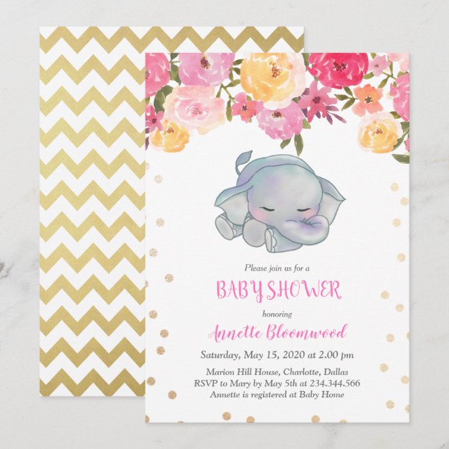 Invitación Baby Shower floral rosa para elefante durmiente (Anverso / Reverso)